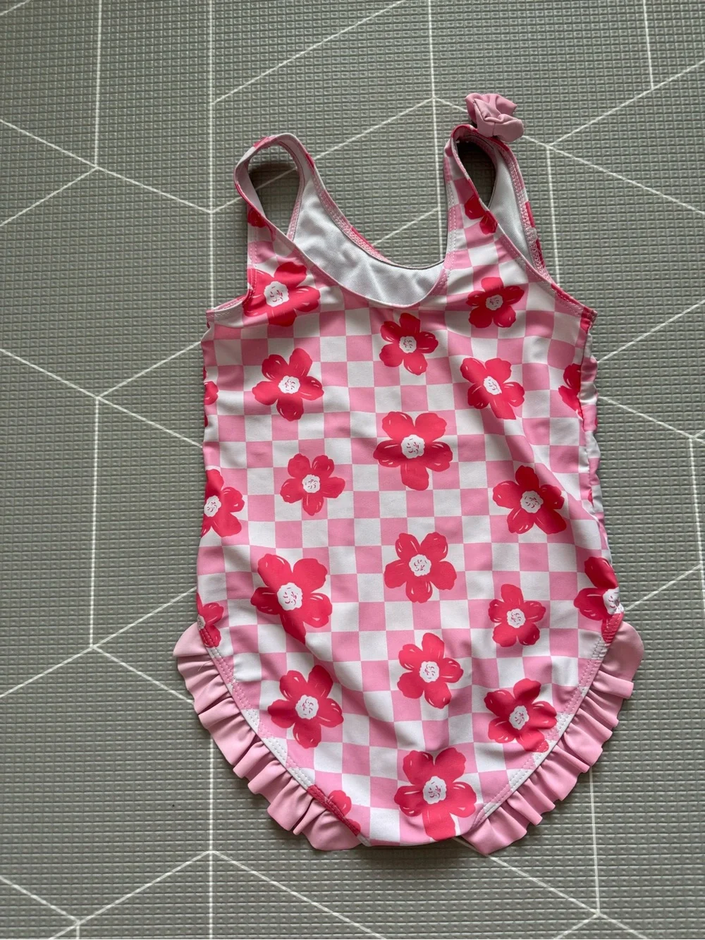 Small shop|Big girl swimsuit,Pink Floral Checkerboard One-Piece Swimsuit,boho•7 - Picture 1 of 7